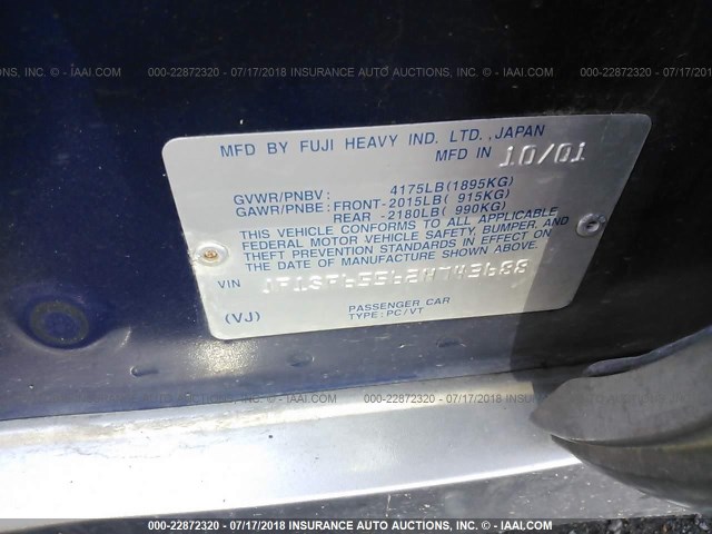 JF1SF65562H743688 - 2002 SUBARU FORESTER S BLUE photo 9