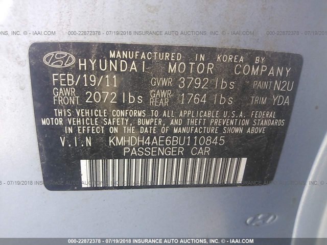 KMHDH4AE6BU110845 - 2011 HYUNDAI ELANTRA GLS/LIMITED BLUE photo 9