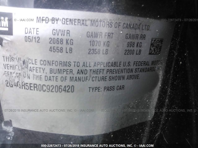 2G4GR5ER0C9206420 - 2012 BUICK REGAL 黑色 照片 9