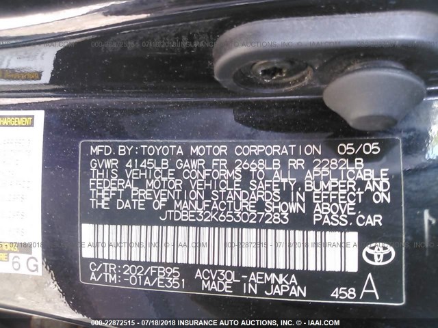 JTDBE32K653027283 - 2005 TOYOTA CAMRY LE/XLE/SE Qara foto 9
