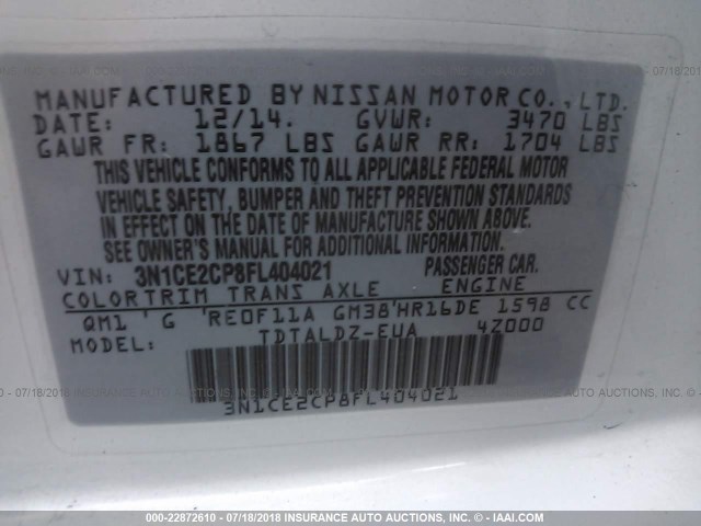 3N1CE2CP8FL404021 - 2015 NISSAN VERSA NOTE S/S PLUS/SV/SL/SR WHITE photo 9