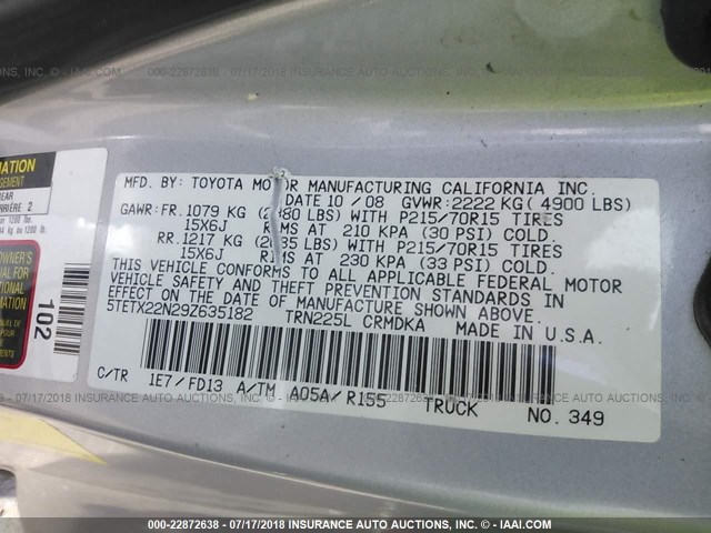 5TETX22N29Z635182 - 2009 TOYOTA TACOMA ACCESS CAB Silber Foto 9