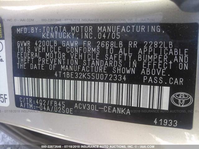4T1BE32K55U072334 - 2005 TOYOTA CAMRY LE/XLE/SE Qızıl foto 9