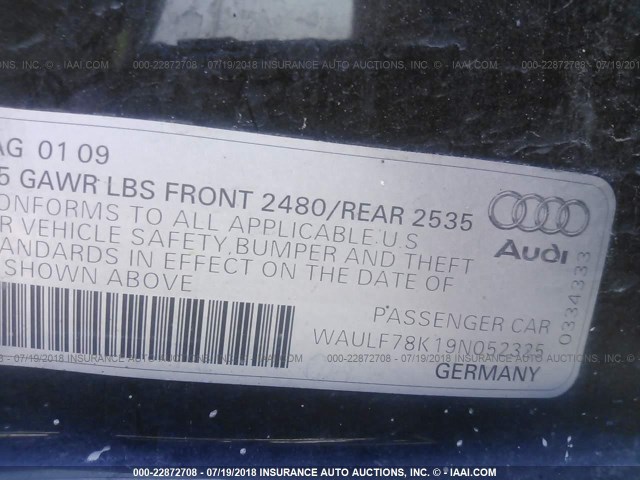 WAULF78K19N052325 - 2009 AUDI A4 2.0T QUATTRO BLACK photo 9