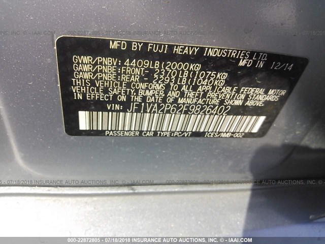 JF1VA2P62F9826402 - 2015 SUBARU WRX STI SILVER photo 9