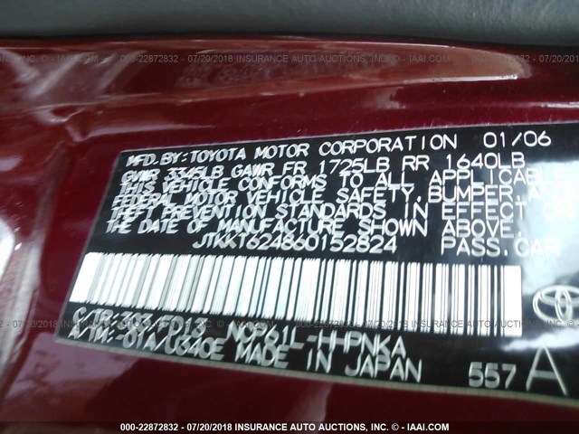 JTKKT624860152824 - 2006 TOYOTA SCION XA BURGUNDY photo 9