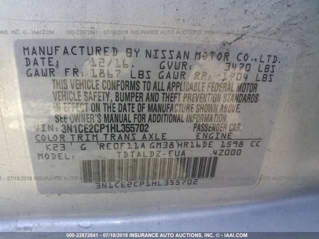 3N1CE2CP1HL355702 - 2017 NISSAN VERSA NOTE S/S PLUS/SV/SL/SR SILVER photo 9