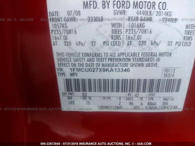 1FMCU027X9KA13346 - 2009 FORD ESCAPE XLS RED photo 9