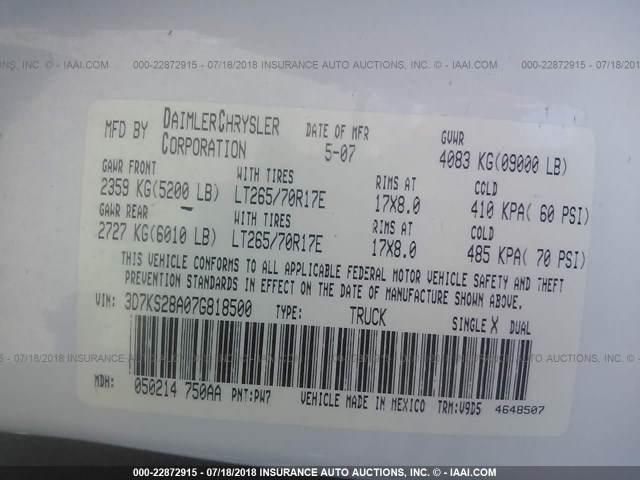 3D7KS28A07G818500 - 2007 DODGE RAM 2500 ST/SLT 白色 照片 9