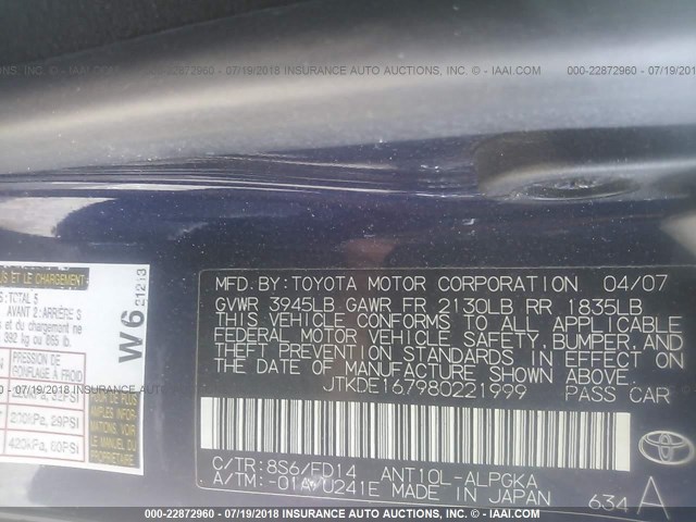 JTKDE167980221999 - 2008 TOYOTA SCION TC 蓝色 照片 9