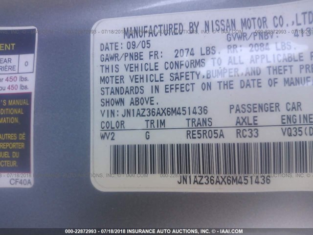 JN1AZ36AX6M451436 - 2006 NISSAN 350Z ROADSTER SILVER photo 9