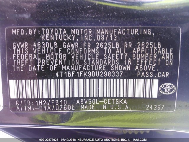 4T1BF1FK9DU298337 - 2013 TOYOTA CAMRY L/SE/LE/XLE Qara foto 9