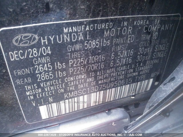 KM8SC13D75U950615 - 2005 HYUNDAI SANTA FE GLS/LX BLACK photo 9