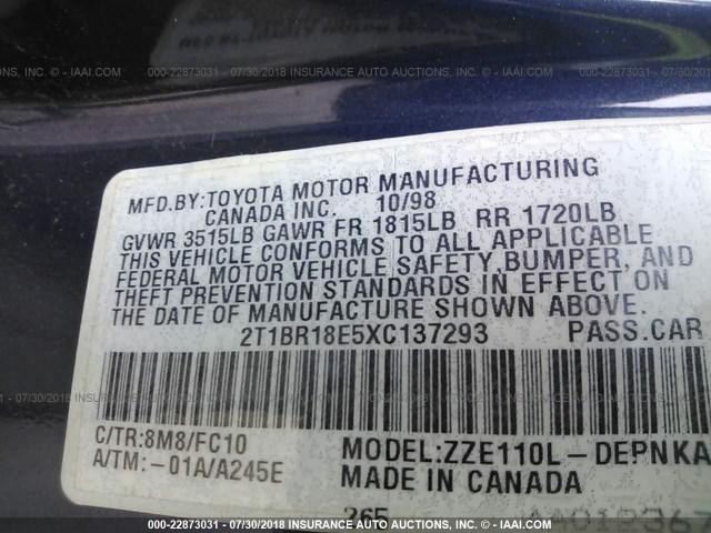 2T1BR18E5XC137293 - 1999 TOYOTA COROLLA VE/CE/LE 蓝色 照片 9