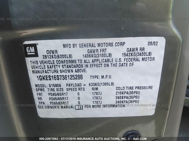 1GKES16S736125288 - 2003 GMC ENVOY XL GREEN photo 9