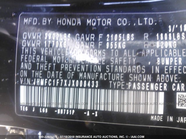 JHMFC1F7XJX008433 - 2018 HONDA CIVIC EXL 黑色 照片 9