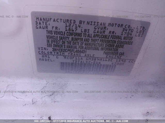 3N1CE2CP5FL404431 - 2015 NISSAN VERSA NOTE S/S PLUS/SV/SL/SR WHITE photo 9