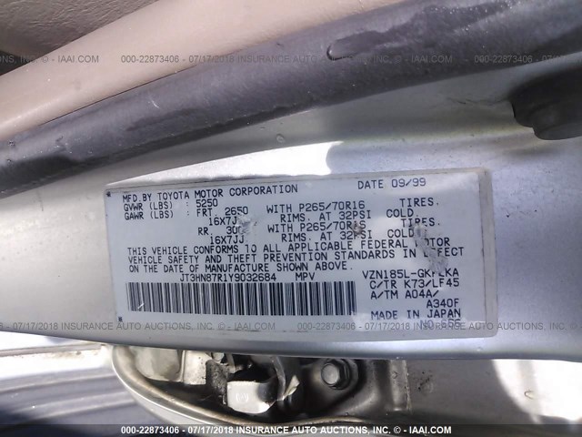JT3HN87R1Y9032684 - 2000 TOYOTA 4RUNNER LIMITED SILVER photo 9