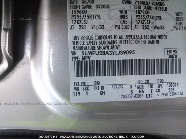 5LMFU28A3YLJ39095 - 2000 LINCOLN NAVIGATOR 米色 照片 9