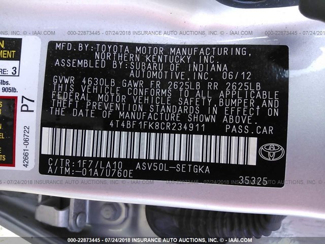 4T4BF1FK8CR234911 - 2012 TOYOTA CAMRY SE/LE/XLE SILVER photo 9
