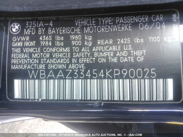 WBAAZ33454KP90025 - 2004 BMW 325 IS SULEV BLUE photo 9