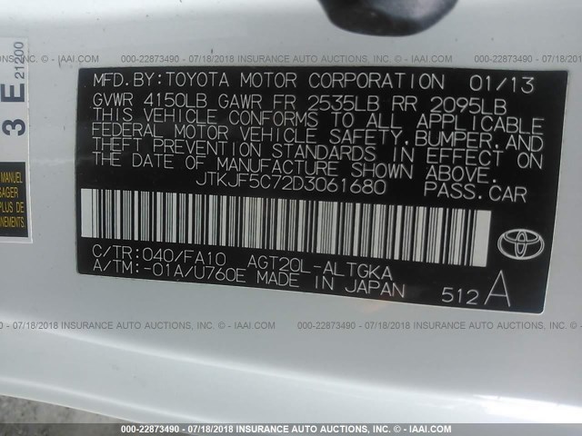 JTKJF5C72D3061680 - 2013 TOYOTA SCION TC 白色 照片 9