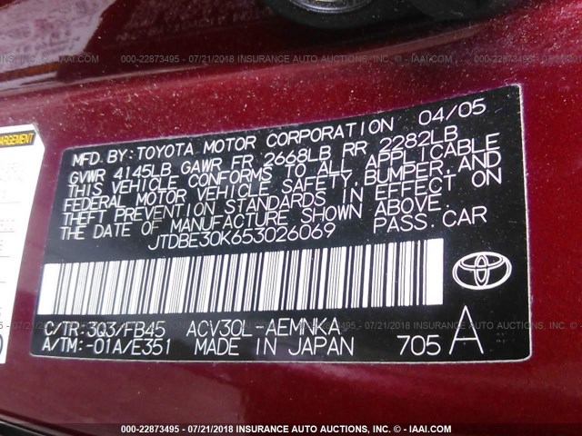 JTDBE30K653026069 - 2005 TOYOTA CAMRY LE/XLE/SE Qırmızı foto 9
