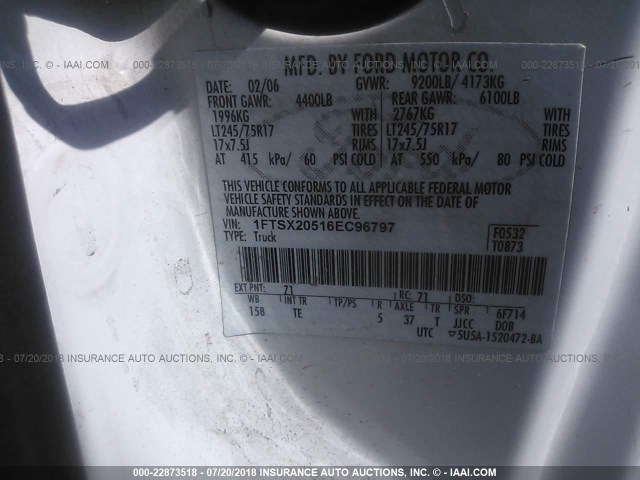 1FTSX20516EC96797 - 2006 FORD F250 SUPER DUTY WHITE photo 9