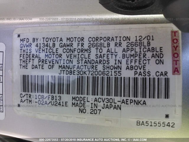 JTDBE30K720062155 - 2002 TOYOTA CAMRY LE/XLE/SE Gümüş foto 9