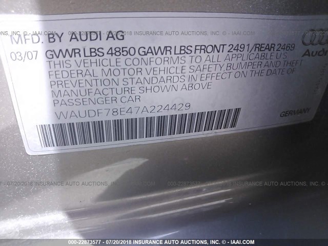 WAUDF78E47A224429 - 2007 AUDI A4 2.0T QUATTRO GRAY photo 9