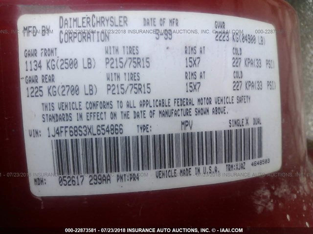 1J4FF68S3XL654866 - 1999 JEEP CHEROKEE SPORT/CLASSIC წითელი ფოტო 9