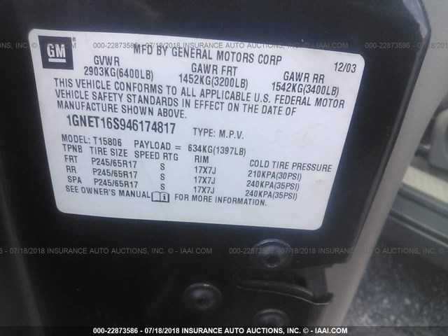 1GNET16S946174817 - 2004 CHEVROLET TRAILBLAZER EXT LS/EXT LT GRAY photo 9