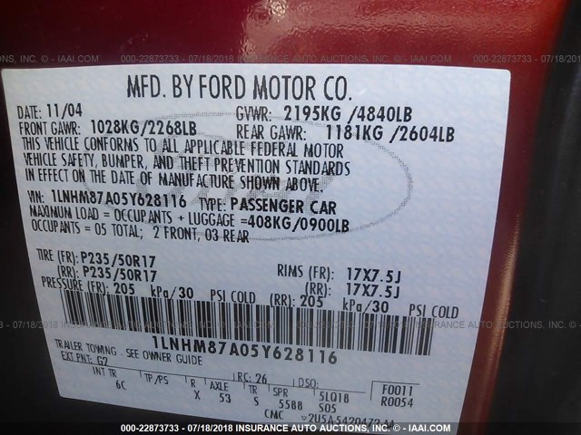 1LNHM87A05Y628116 - 2005 LINCOLN LS 红色 照片 9