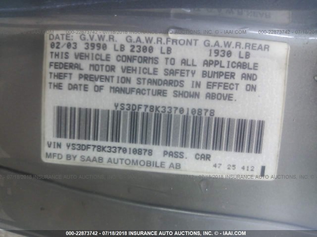 YS3DF78K337010878 - 2003 SAAB 9-3 SE SILVER photo 9