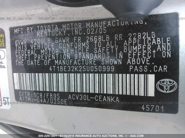 4T1BE32K25U050999 - 2005 TOYOTA CAMRY LE/XLE/SE SILVER photo 9