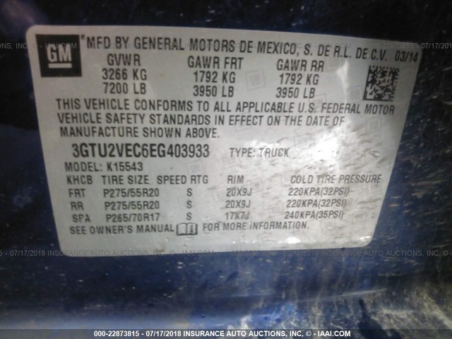 3GTU2VEC6EG403933 - 2014 GMC SIERRA K1500 SLT BLUE photo 9