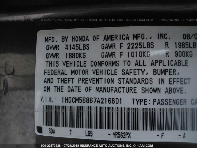 1HGCM56867A216601 - 2007 HONDA ACCORD EX GRAY photo 9