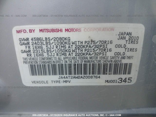 JA4AT2AW2AZ008764 - 2010 MITSUBISHI OUTLANDER ES ვერცხლისფერი ფოტო 9