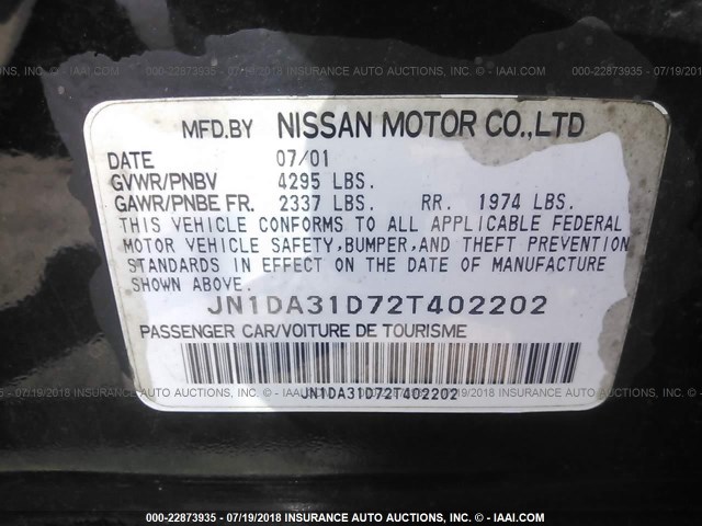 JN1DA31D72T402202 - 2002 NISSAN MAXIMA GLE/GXE/SE BLACK photo 9