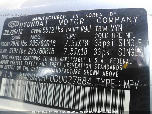 KM8SM4HF0DU027884 - 2013 HYUNDAI SANTA FE GLS/LIMITED Light Blue photo 9