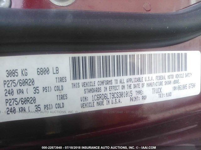 1C6RD6LT9CS301015 - 2012 DODGE RAM 1500 SLT 勃艮第红 照片 9