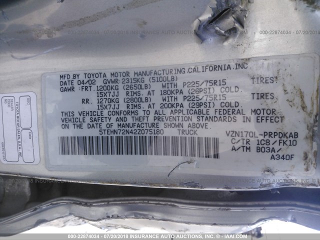 5TEHN72N42Z075180 - 2002 TOYOTA TACOMA DOUBLE CAB 银色 照片 9