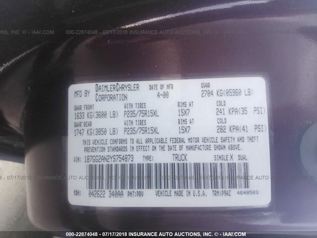 1B7GG2AN2YS754873 - 2000 DODGE DAKOTA QUAD MAROON photo 9