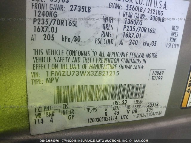 1FMZU73WX3ZB21215 - 2003 FORD EXPLORER XLT/XLT SPORT/NBX 灰色 照片 9