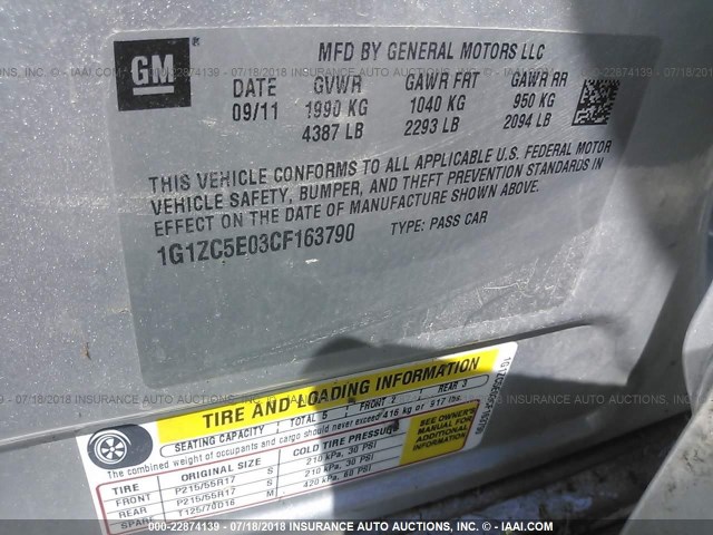 1G1ZC5E03CF163790 - 2012 CHEVROLET MALIBU 1LT SILVER photo 9