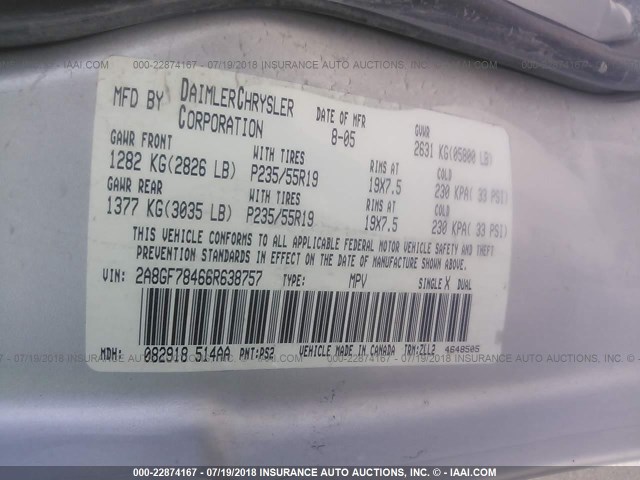 2A8GF78466R638757 - 2006 CHRYSLER PACIFICA LIMITED SILVER photo 9