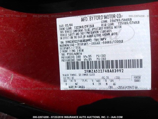 2FMZA52274BA83992 - 2004 FORD FREESTAR SEL RED photo 9