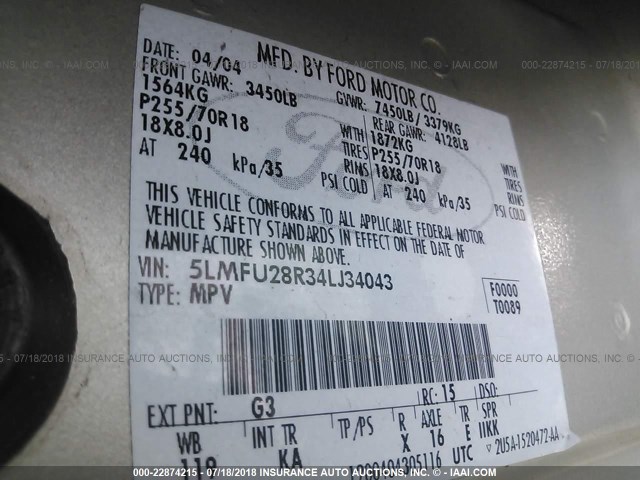 5LMFU28R34LJ34043 - 2004 LINCOLN NAVIGATOR TAN photo 9