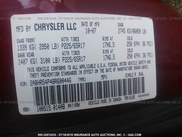 2A8HR54P48R600446 - 2008 CHRYSLER TOWN & COUNTRY TOURING RED photo 9