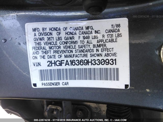 2HGFA16369H330931 - 2009 HONDA CIVIC VP GRAY photo 9